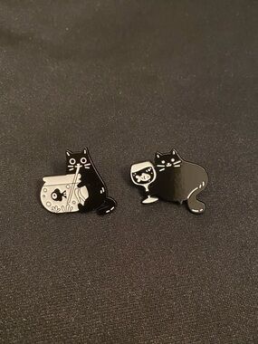 Bad Kitties Going After the Little Fishies - Black Cat Enamel Pin/Magnet Set